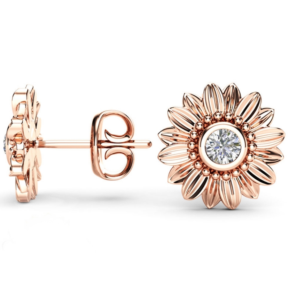 **18k** Yellow & Rose Gold Silver Diamond Sunflower Stud Earrings - Picture 1 of 7